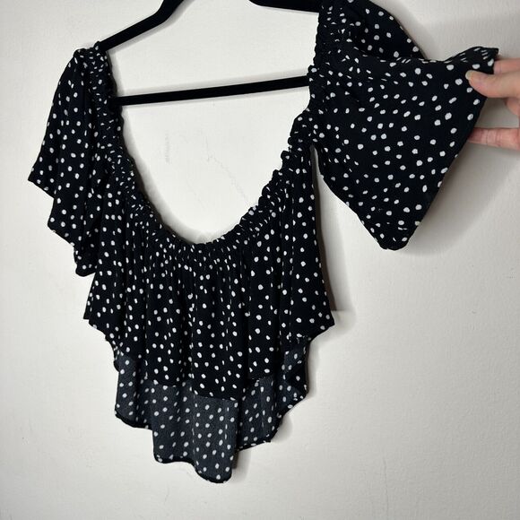 Revolve NBD Cute Black & White Polka Dot Off-Shoulder Ruffled Crop Top Blouse L - Picture 6 of 13